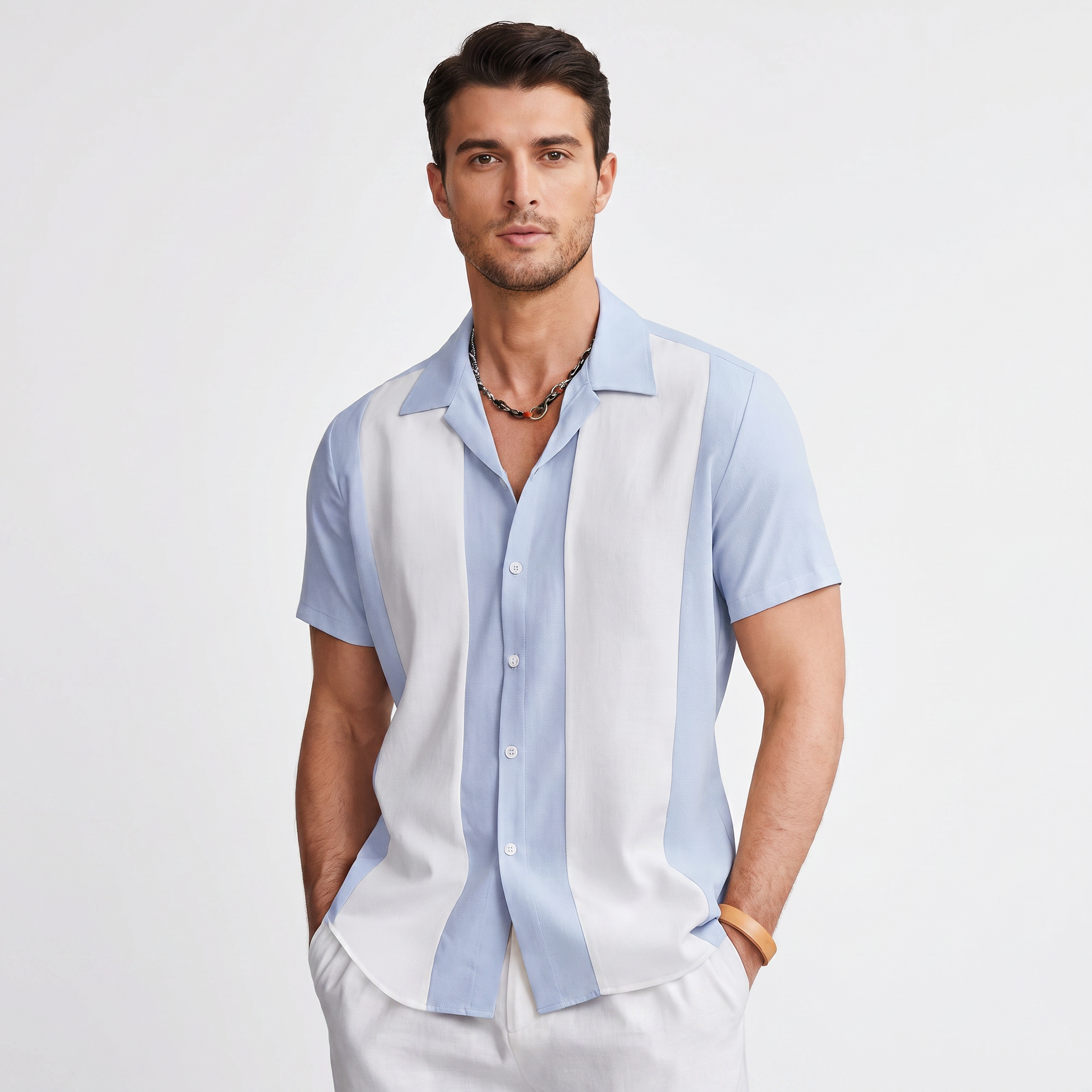 Bon Voyage Vintage | Men's Color Block Button-Up Shirt with Camp Collar | Lightweight Fabric for Everyday Comfort