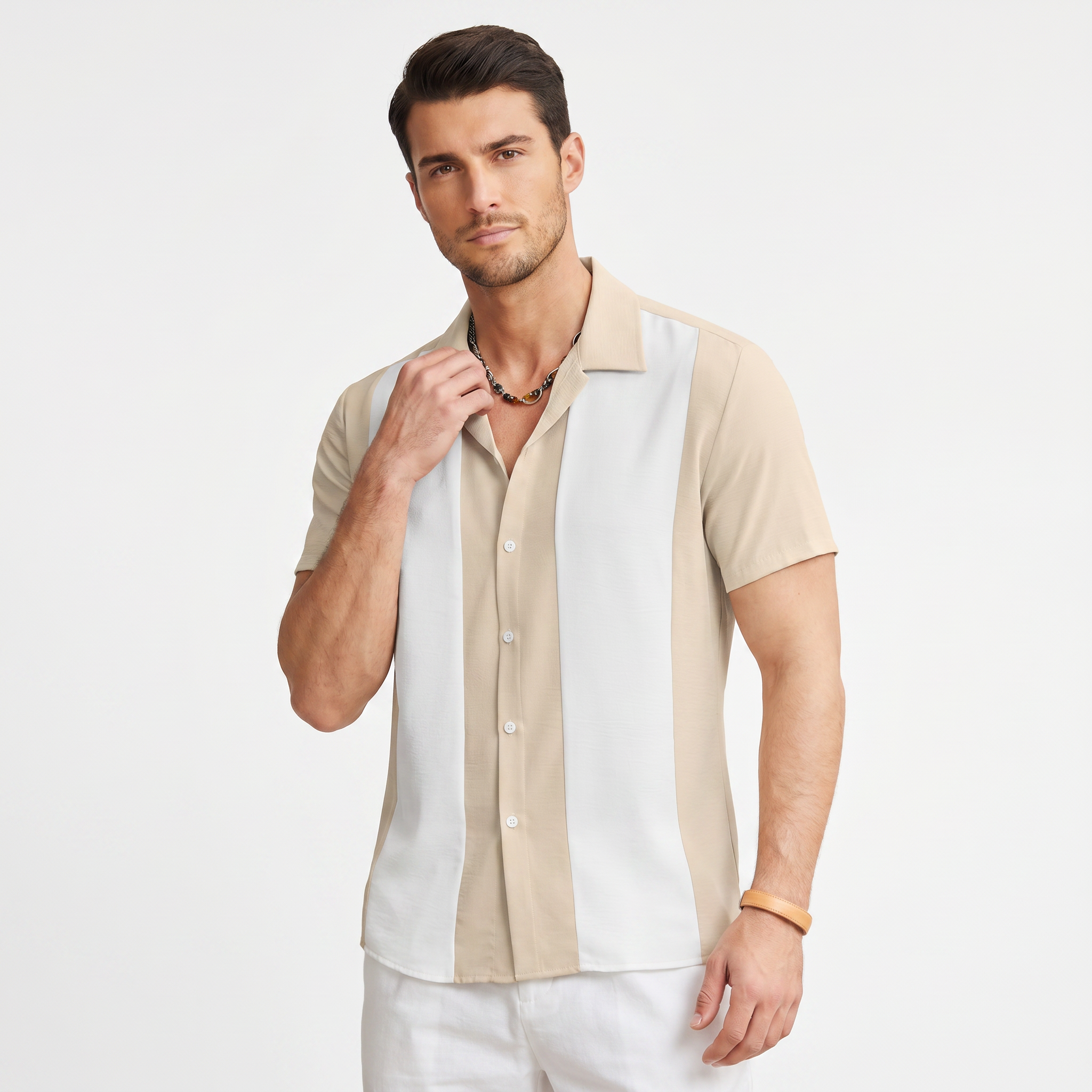Bon Voyage Vintage | Men's Color Block Button-Up Shirt with Camp Collar | Lightweight Fabric for Everyday Comfort