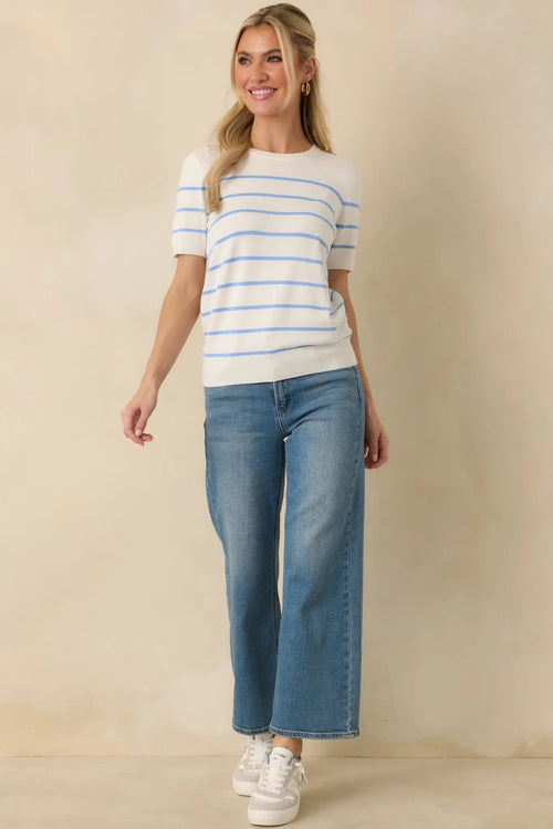 Women's Bound to Happen Blue Stripe Knit Short Sleeve Sweater | 80% Viscose 0