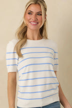Women's Bound to Happen Blue Stripe Knit Short Sleeve Sweater | 80% Viscose 2