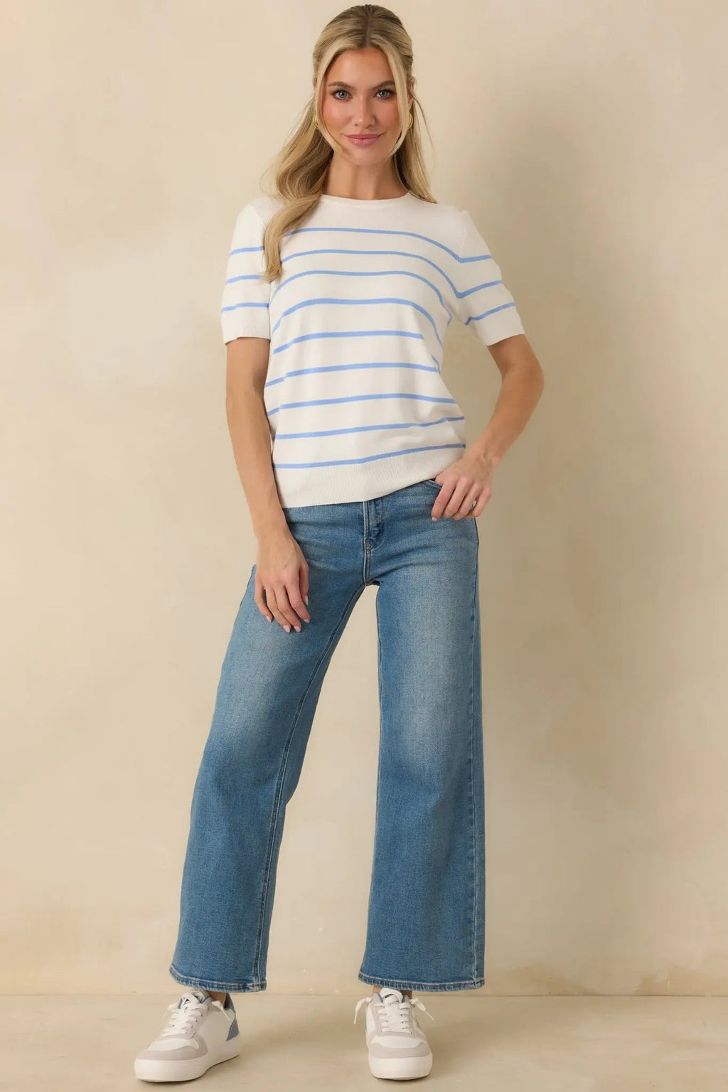 Women's Bound to Happen Blue Stripe Knit Short Sleeve Sweater | 80% Viscose 4