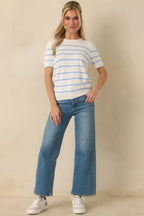 Women's Bound to Happen Blue Stripe Knit Short Sleeve Sweater | 80% Viscose 4