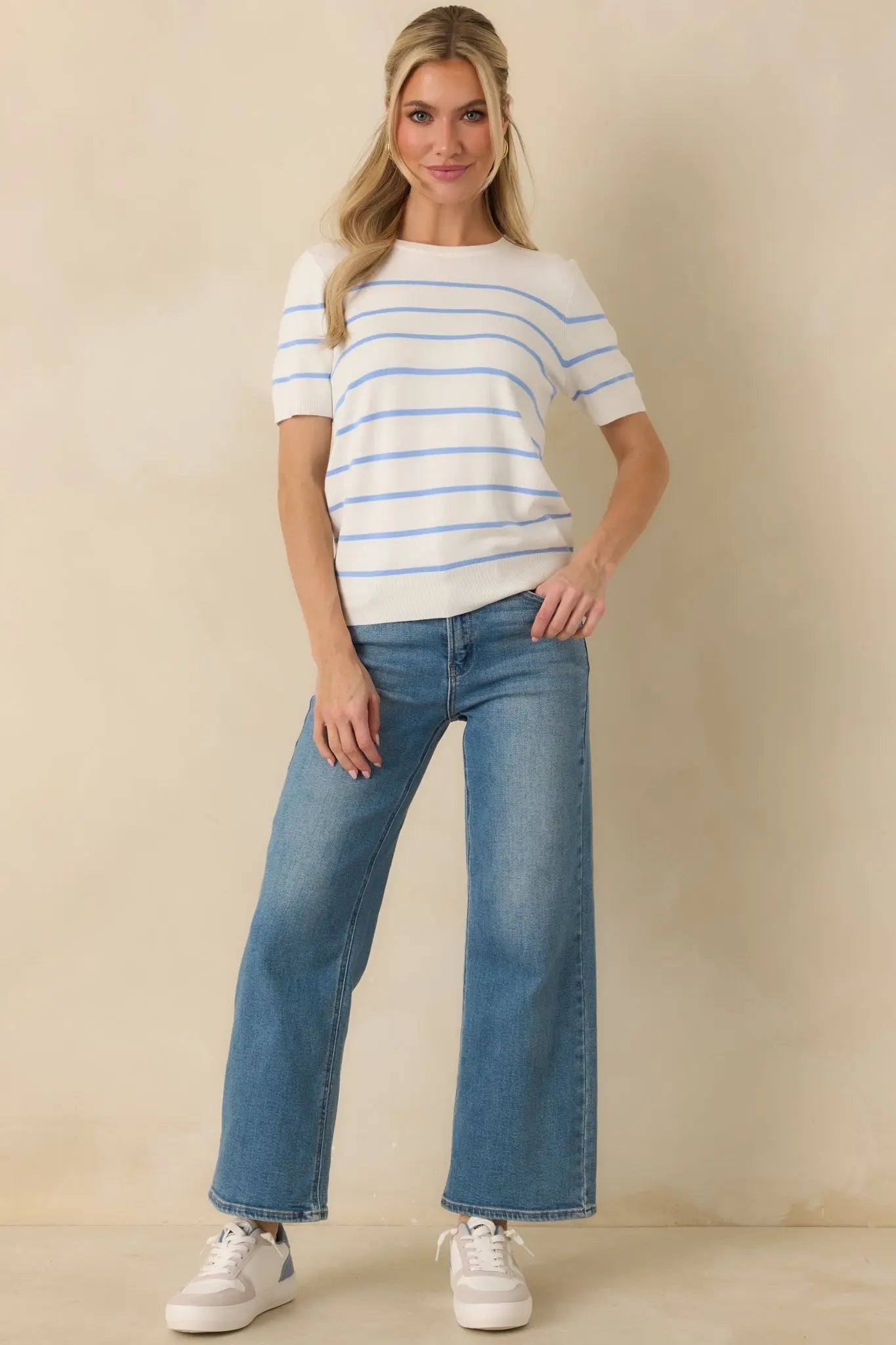 Women's Bound to Happen Blue Stripe Knit Short Sleeve Sweater | 80% Viscose 4