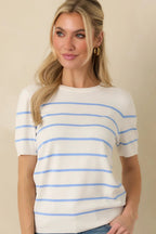 Women's Bound to Happen Blue Stripe Knit Short Sleeve Sweater | 80% Viscose 5