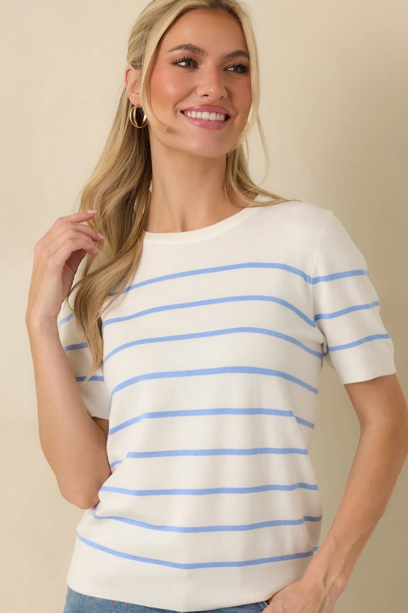 Women's Bound to Happen Blue Stripe Knit Short Sleeve Sweater | 80% Viscose 6
