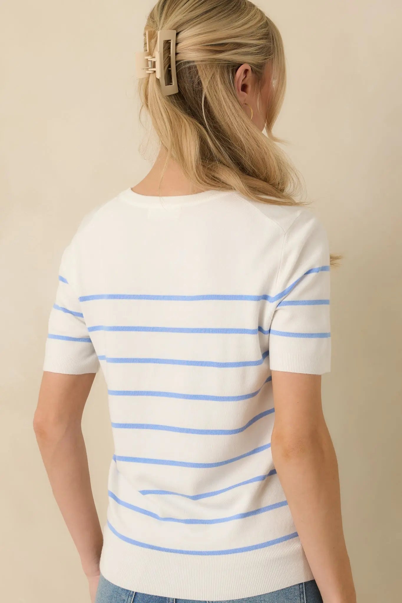 Women's Bound to Happen Blue Stripe Knit Short Sleeve Sweater | 80% Viscose 7
