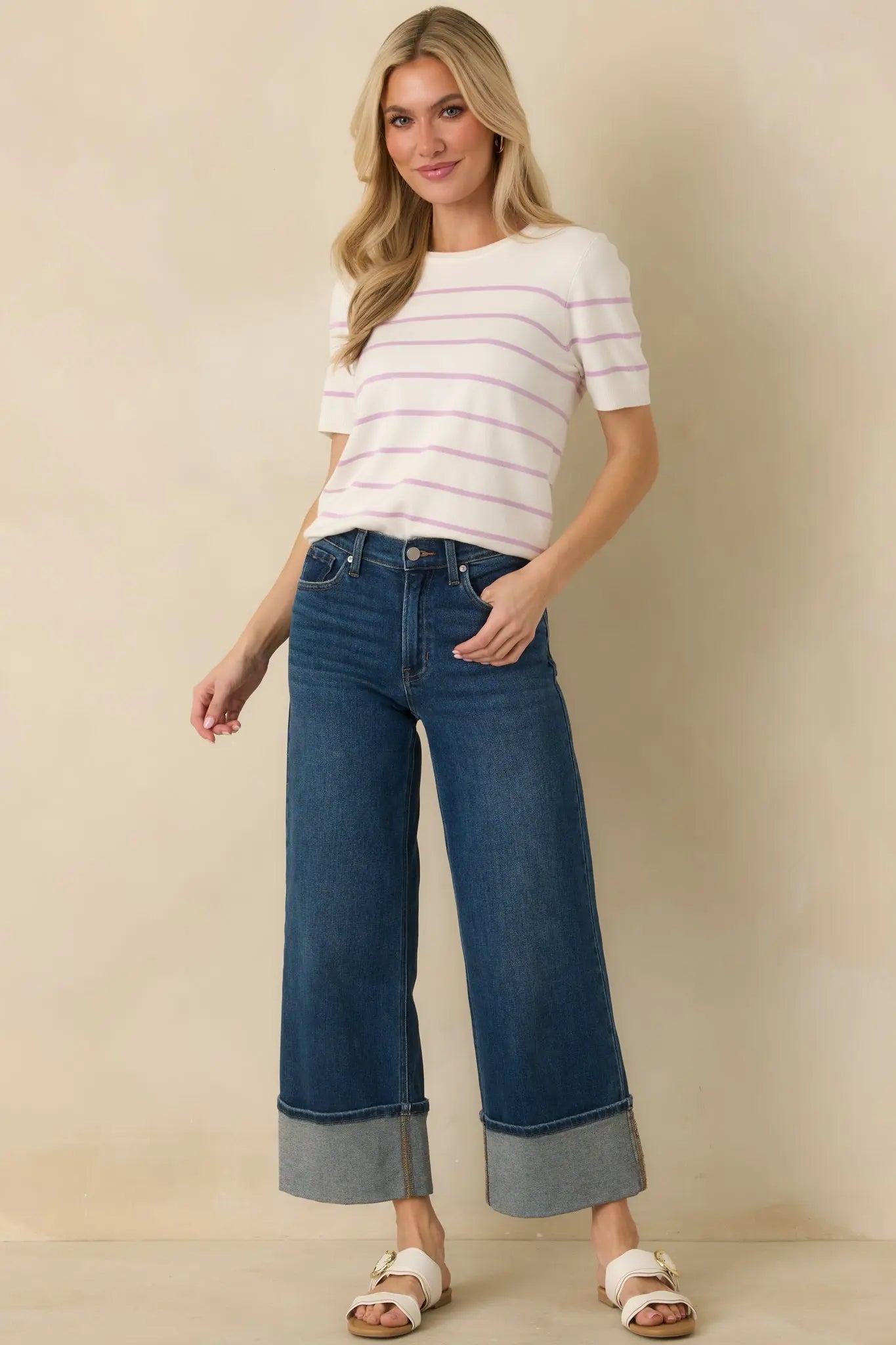 Women's Bound to Happen Lavender Stripe Knit Short Sleeve Sweater | 80% Viscose 0