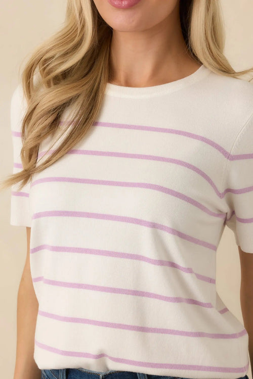 Women's Bound to Happen Lavender Stripe Knit Short Sleeve Sweater | 80% Viscose 1