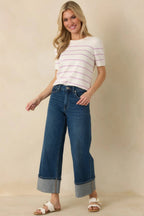 Women's Bound to Happen Lavender Stripe Knit Short Sleeve Sweater | 80% Viscose 5