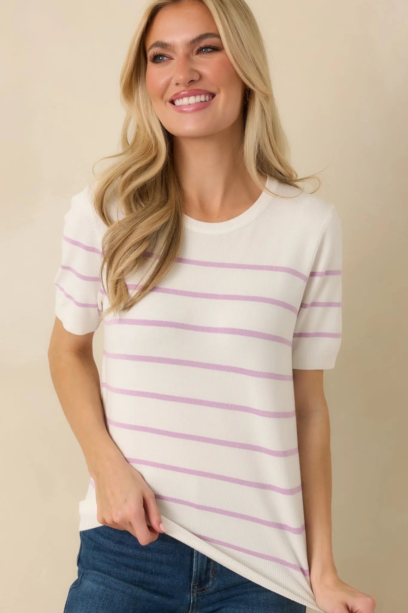 Women's Bound to Happen Lavender Stripe Knit Short Sleeve Sweater | 80% Viscose 6