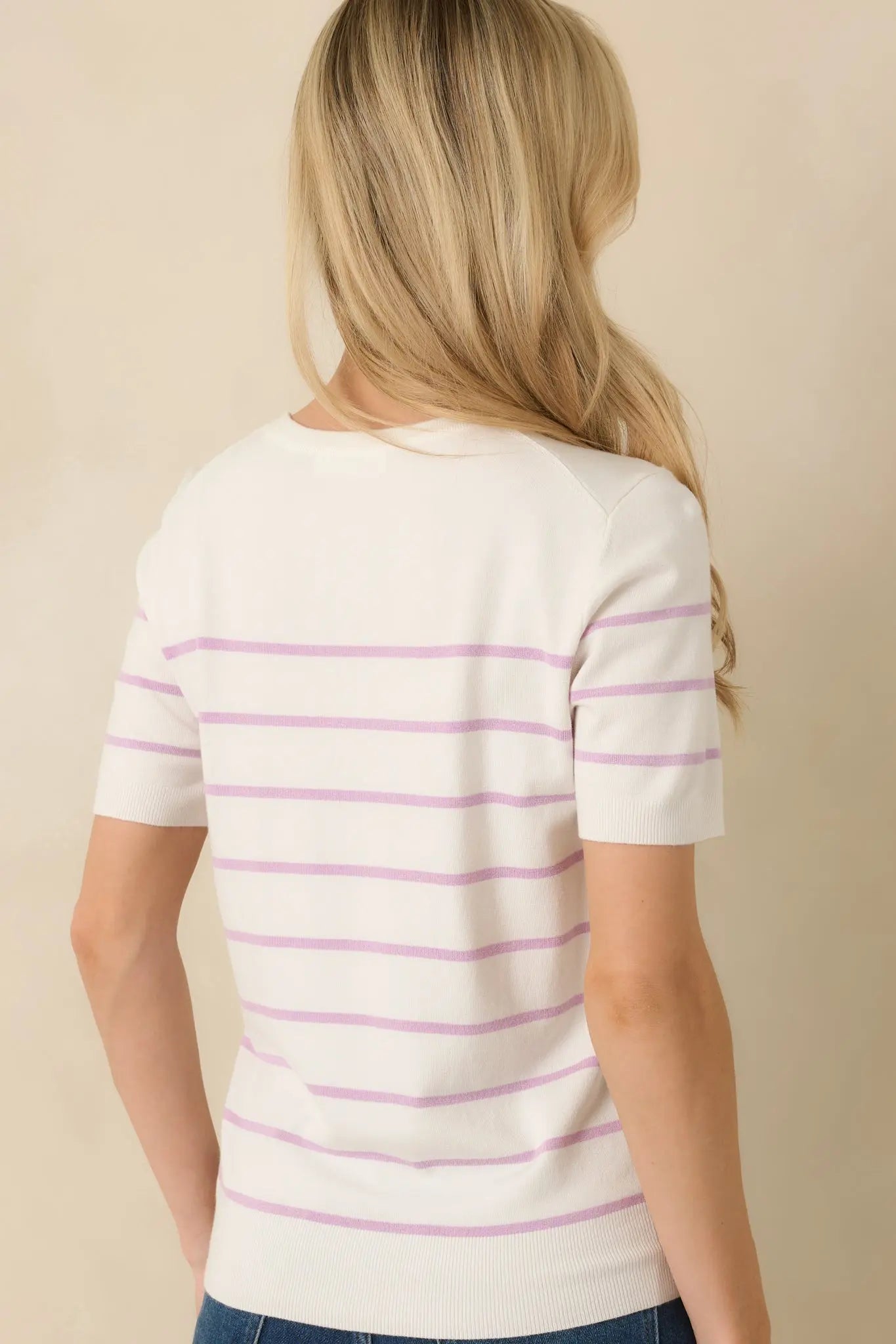 Women's Bound to Happen Lavender Stripe Knit Short Sleeve Sweater | 80% Viscose 7