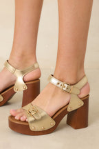 Women's Built to Shine Gold Metallic Buckle Strap Platform Block Heels | Heel measures 3.75" 0