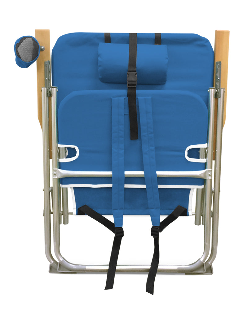 Blue folding beach chair, folded