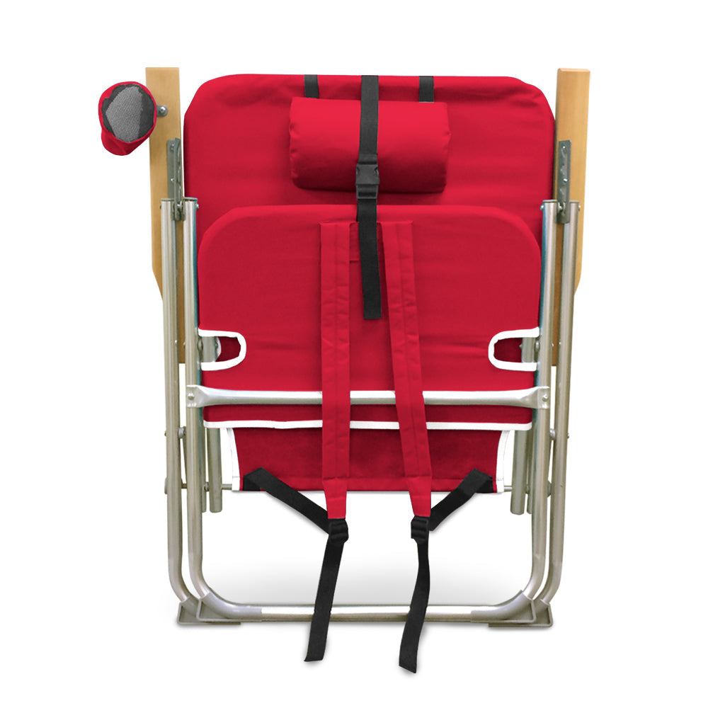 Red folding beach chair, folded