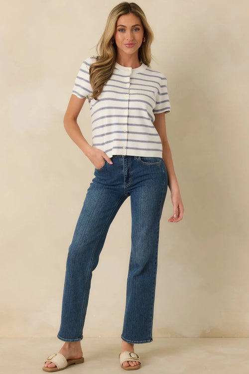 Women's Casual Authority Navy Stripe Knit Button Front Short Sleeve Top | 70% Viscose & 30% Nylon 0