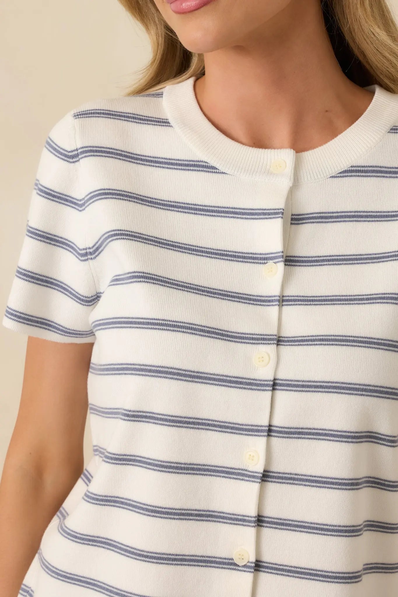 Women's Casual Authority Navy Stripe Knit Button Front Short Sleeve Top | 70% Viscose & 30% Nylon 2