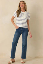Women's Casual Authority Navy Stripe Knit Button Front Short Sleeve Top | 70% Viscose & 30% Nylon 3