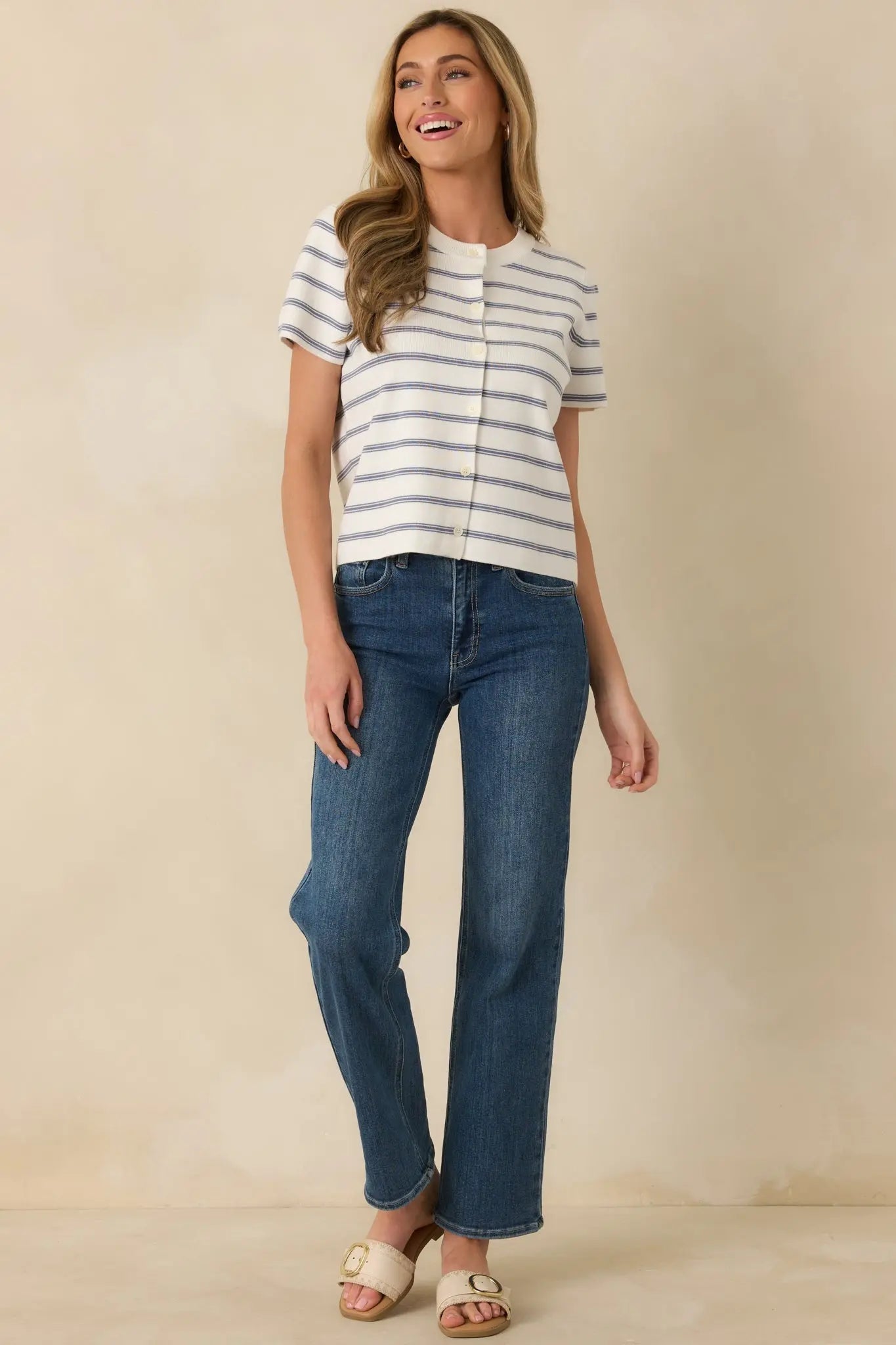 Women's Casual Authority Navy Stripe Knit Button Front Short Sleeve Top | 70% Viscose & 30% Nylon 5