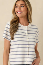 Women's Casual Authority Navy Stripe Knit Button Front Short Sleeve Top | 70% Viscose & 30% Nylon 6