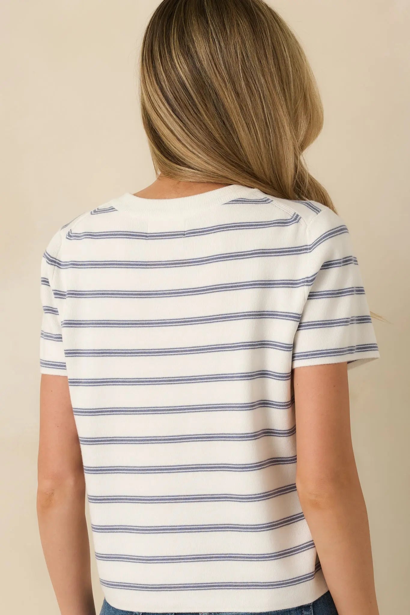 Women's Casual Authority Navy Stripe Knit Button Front Short Sleeve Top | 70% Viscose & 30% Nylon 7