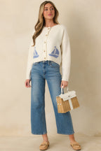 Women's Catch the Breeze Ivory Sailboat Knit Button Front Cardigan Sweater | 74% Acrylic 0