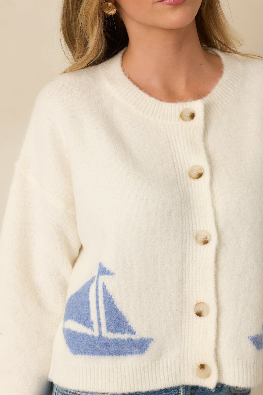 Women's Catch the Breeze Ivory Sailboat Knit Button Front Cardigan Sweater | 74% Acrylic 1