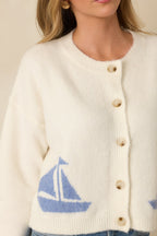 Women's Catch the Breeze Ivory Sailboat Knit Button Front Cardigan Sweater | 74% Acrylic 1
