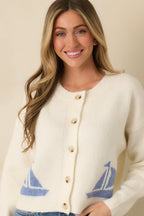 Women's Catch the Breeze Ivory Sailboat Knit Button Front Cardigan Sweater | 74% Acrylic 2