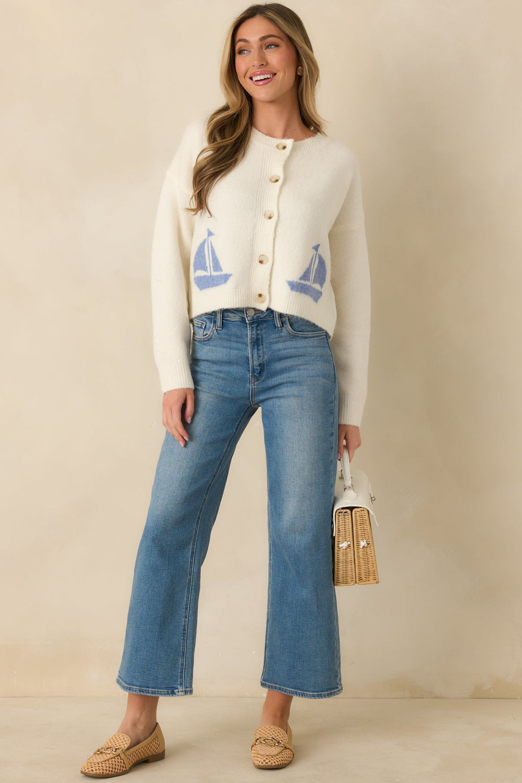 Women's Catch the Breeze Ivory Sailboat Knit Button Front Cardigan Sweater | 74% Acrylic 3