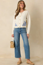 Women's Catch the Breeze Ivory Sailboat Knit Button Front Cardigan Sweater | 74% Acrylic 4