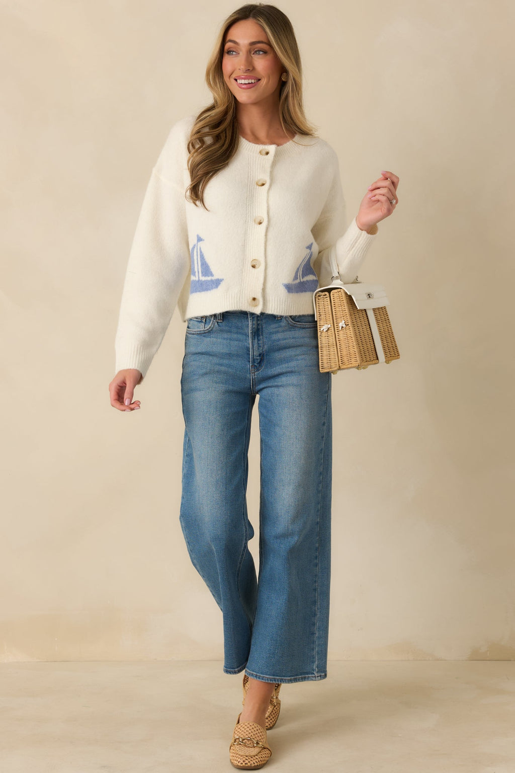 Women's Catch the Breeze Ivory Sailboat Knit Button Front Cardigan Sweater | 74% Acrylic 5