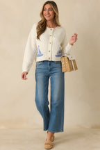 Women's Catch the Breeze Ivory Sailboat Knit Button Front Cardigan Sweater | 74% Acrylic 5