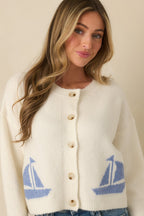 Women's Catch the Breeze Ivory Sailboat Knit Button Front Cardigan Sweater | 74% Acrylic 6