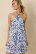 Women's Catching Waves Blue Toile Tie-Back Halter Mini Dress | 75% Rayon & 25% Linen 0