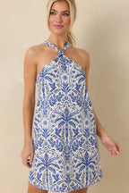 Women's Catching Waves Blue Toile Tie-Back Halter Mini Dress | 75% Rayon & 25% Linen 4