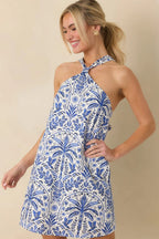 Women's Catching Waves Blue Toile Tie-Back Halter Mini Dress | 75% Rayon & 25% Linen 5