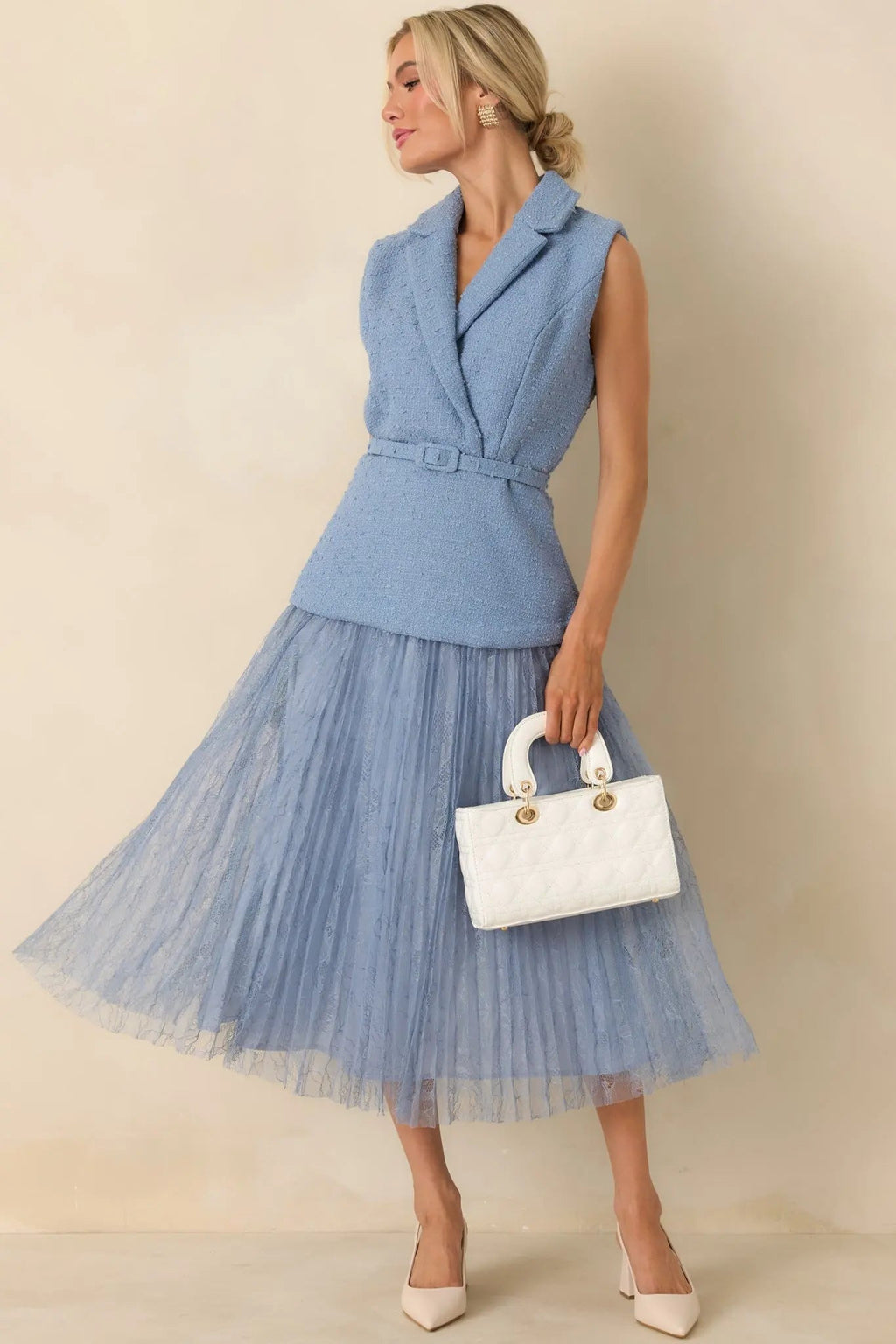 Women's Caught You Smiling Cornflower Blue Textured Woven Belted Lace Midi Dress | Self: 70% Polyester & 30% Wool 0