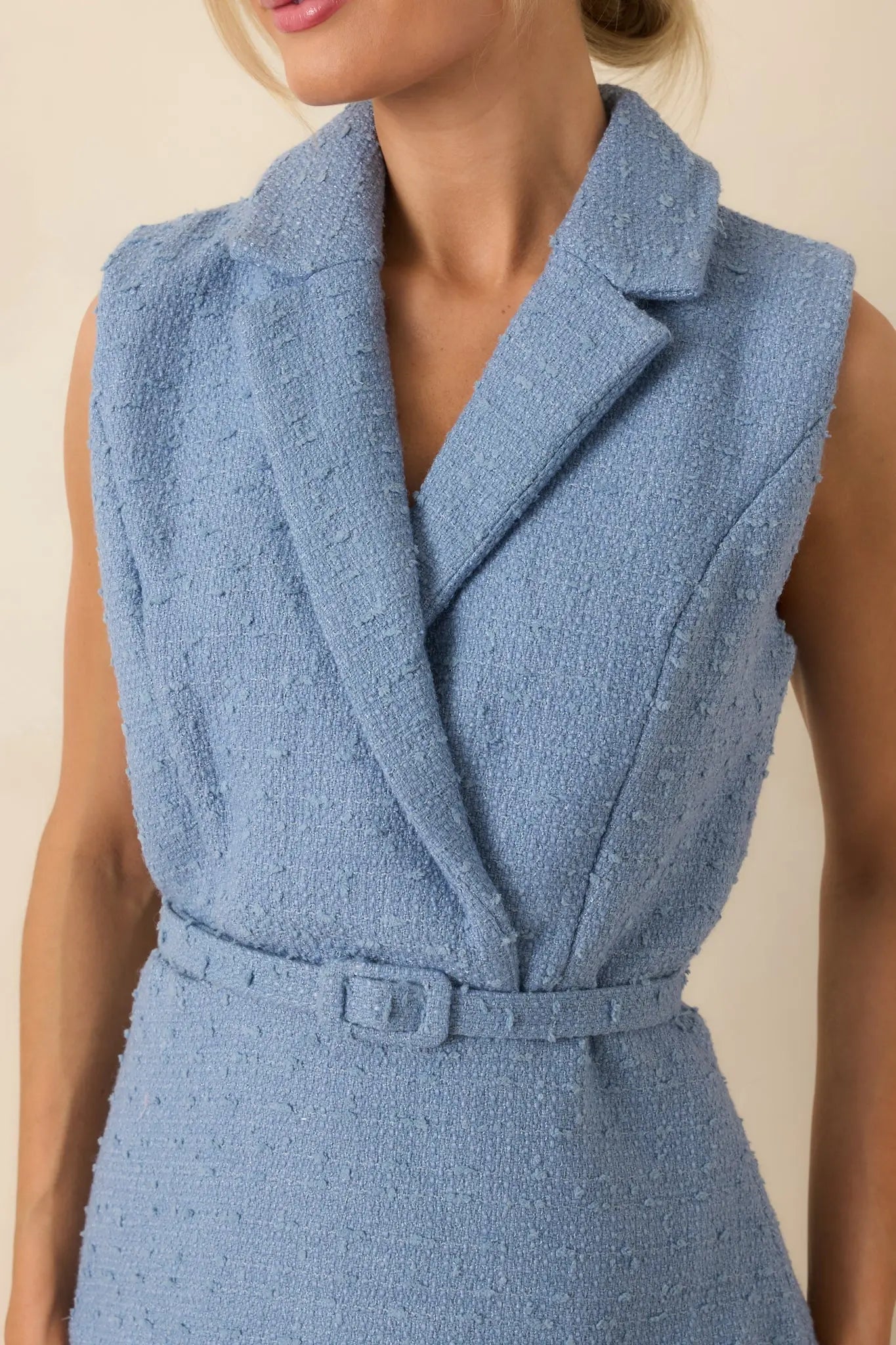 Women's Caught You Smiling Cornflower Blue Textured Woven Belted Lace Midi Dress | Self: 70% Polyester & 30% Wool 1