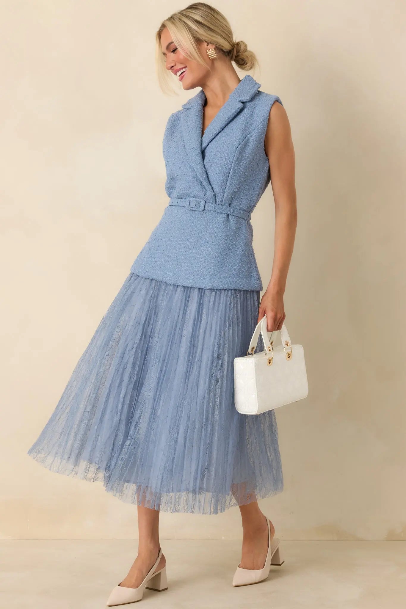 Women's Caught You Smiling Cornflower Blue Textured Woven Belted Lace Midi Dress | Self: 70% Polyester & 30% Wool 4