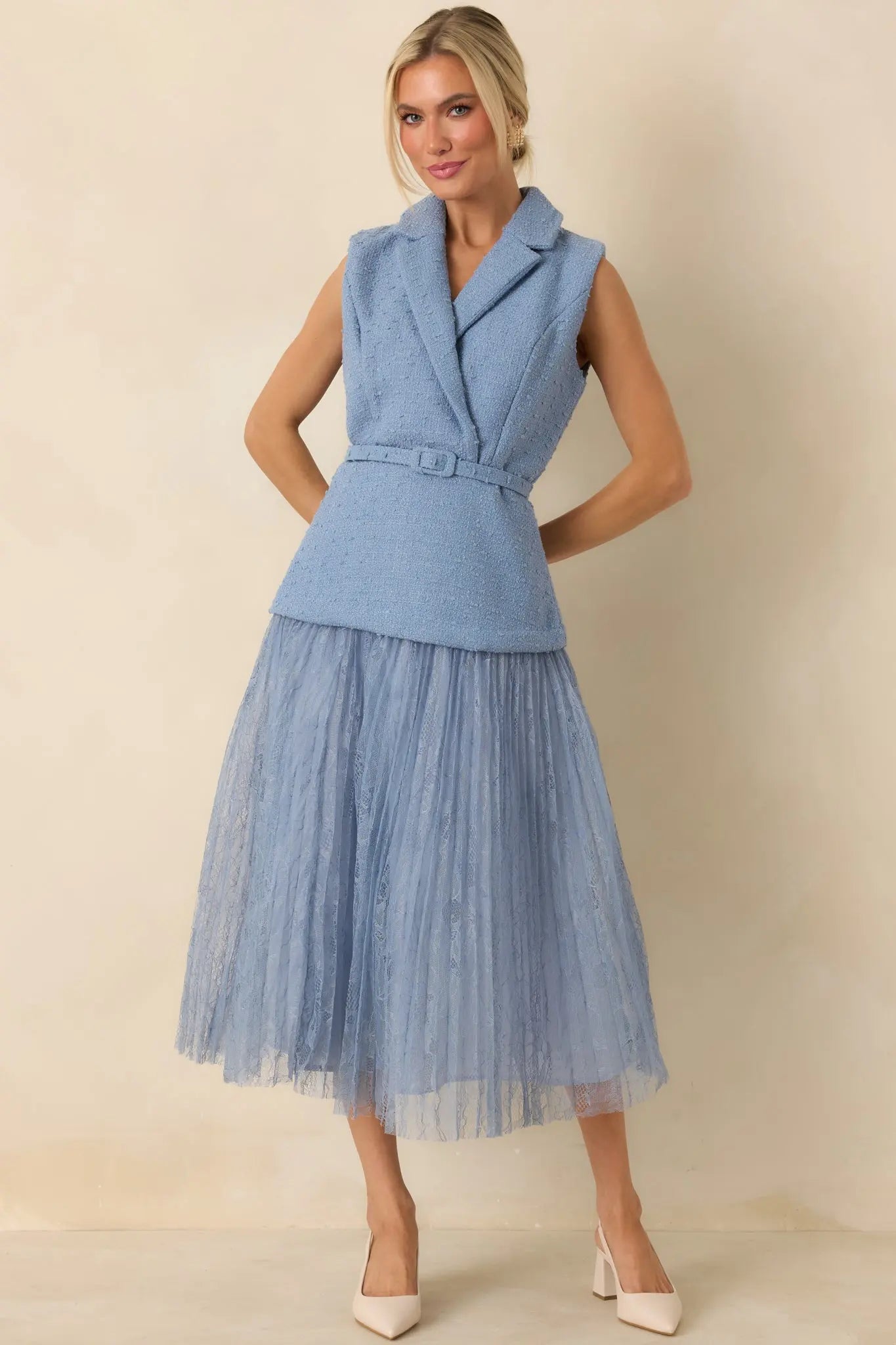 Women's Caught You Smiling Cornflower Blue Textured Woven Belted Lace Midi Dress | Self: 70% Polyester & 30% Wool 5