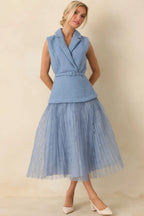Women's Caught You Smiling Cornflower Blue Textured Woven Belted Lace Midi Dress | Self: 70% Polyester & 30% Wool 6