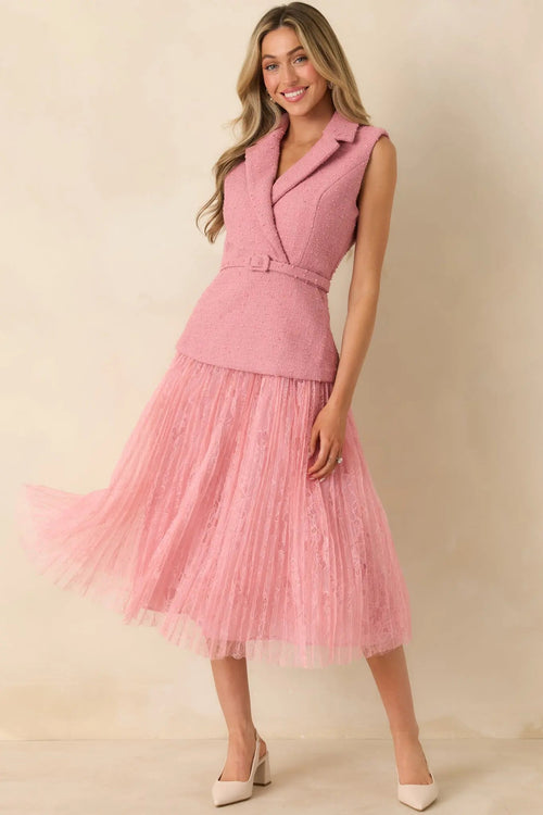 Women's Caught You Smiling Rose Pink Textured Woven Belted Lace Midi Dress | Self: 70% Polyester & 30% Wool 0