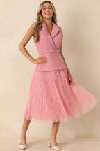 Women's Caught You Smiling Rose Pink Textured Woven Belted Lace Midi Dress | Self: 70% Polyester & 30% Wool 1