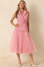 Women's Caught You Smiling Rose Pink Textured Woven Belted Lace Midi Dress | Self: 70% Polyester & 30% Wool 3