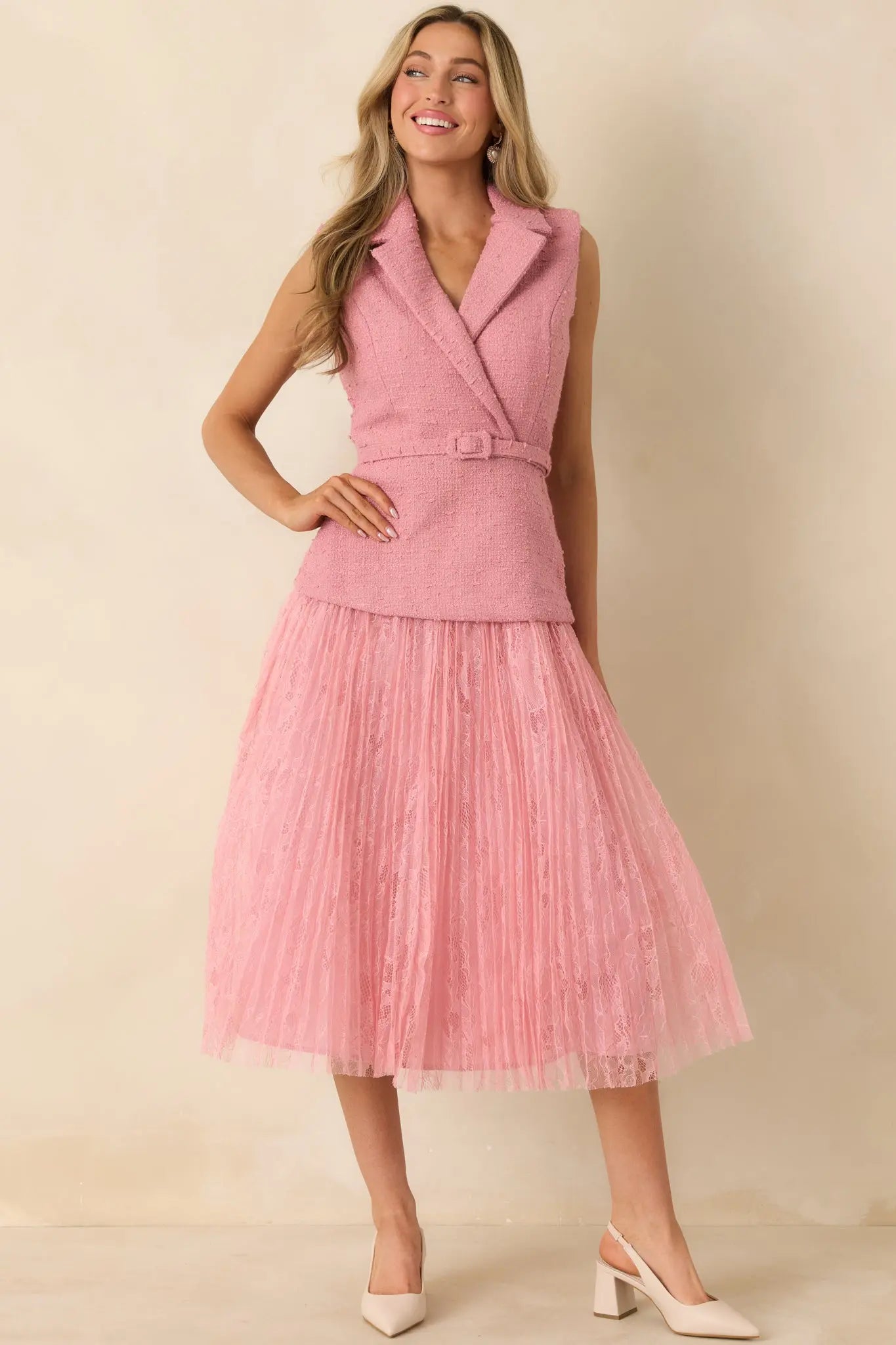 Women's Caught You Smiling Rose Pink Textured Woven Belted Lace Midi Dress | Self: 70% Polyester & 30% Wool 3