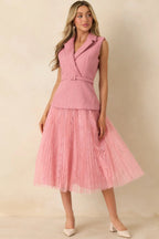 Women's Caught You Smiling Rose Pink Textured Woven Belted Lace Midi Dress | Self: 70% Polyester & 30% Wool 4