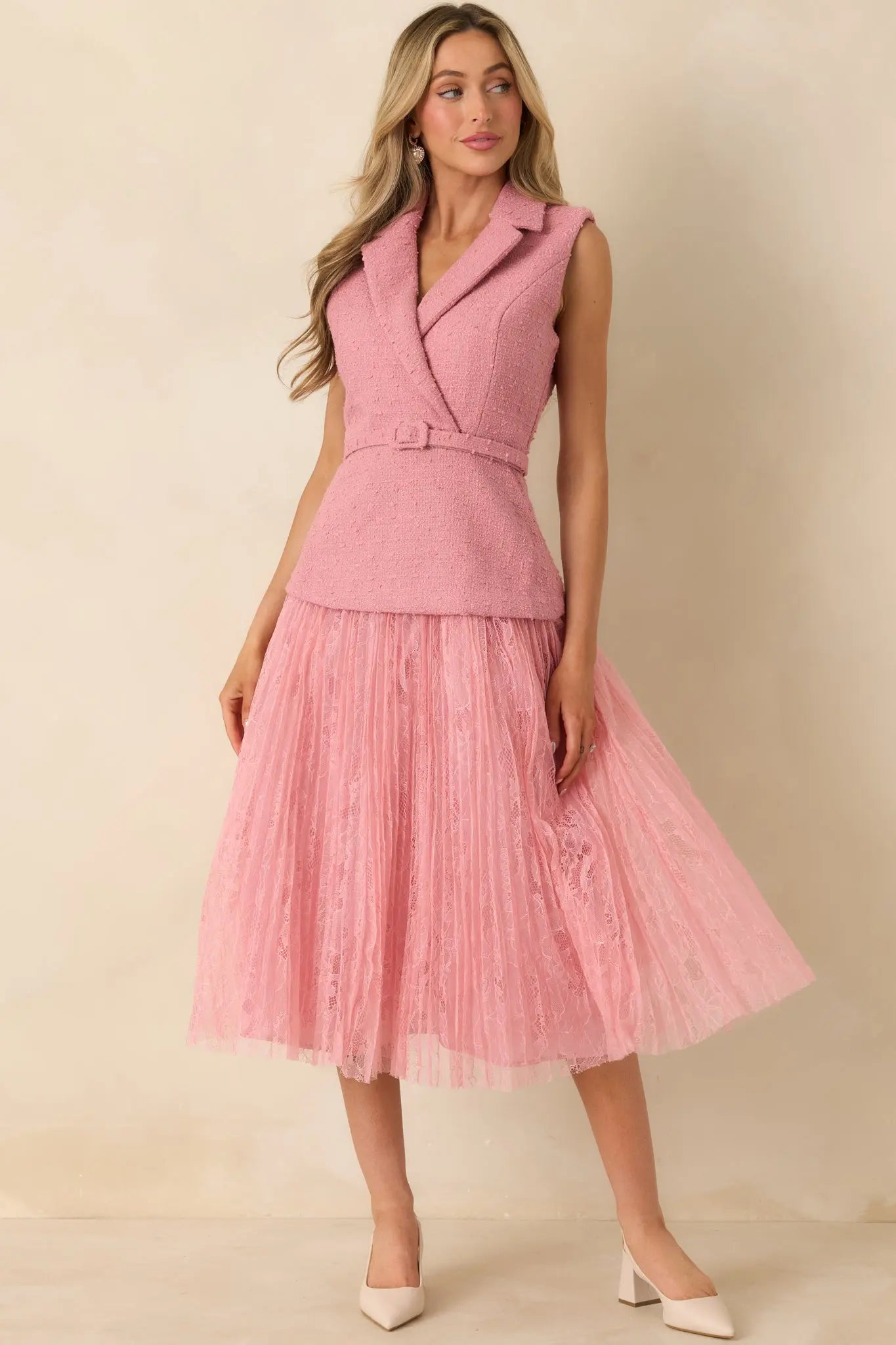 Women's Caught You Smiling Rose Pink Textured Woven Belted Lace Midi Dress | Self: 70% Polyester & 30% Wool 4