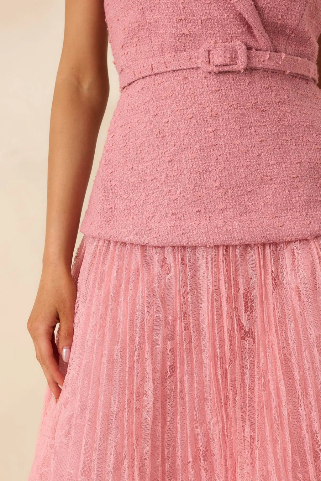 Women's Caught You Smiling Rose Pink Textured Woven Belted Lace Midi Dress | Self: 70% Polyester & 30% Wool 5