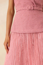 Women's Caught You Smiling Rose Pink Textured Woven Belted Lace Midi Dress | Self: 70% Polyester & 30% Wool 5