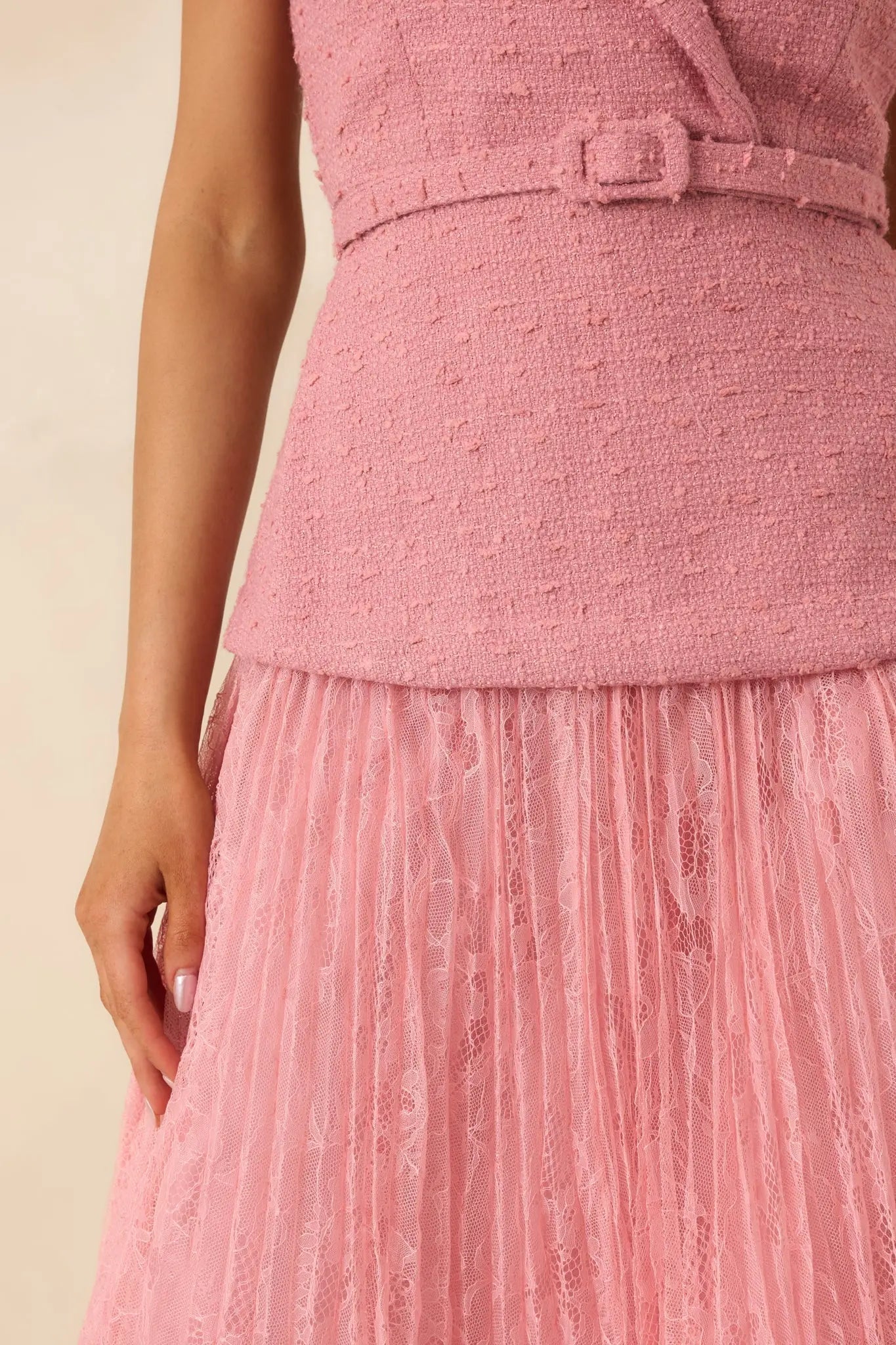 Women's Caught You Smiling Rose Pink Textured Woven Belted Lace Midi Dress | Self: 70% Polyester & 30% Wool 5